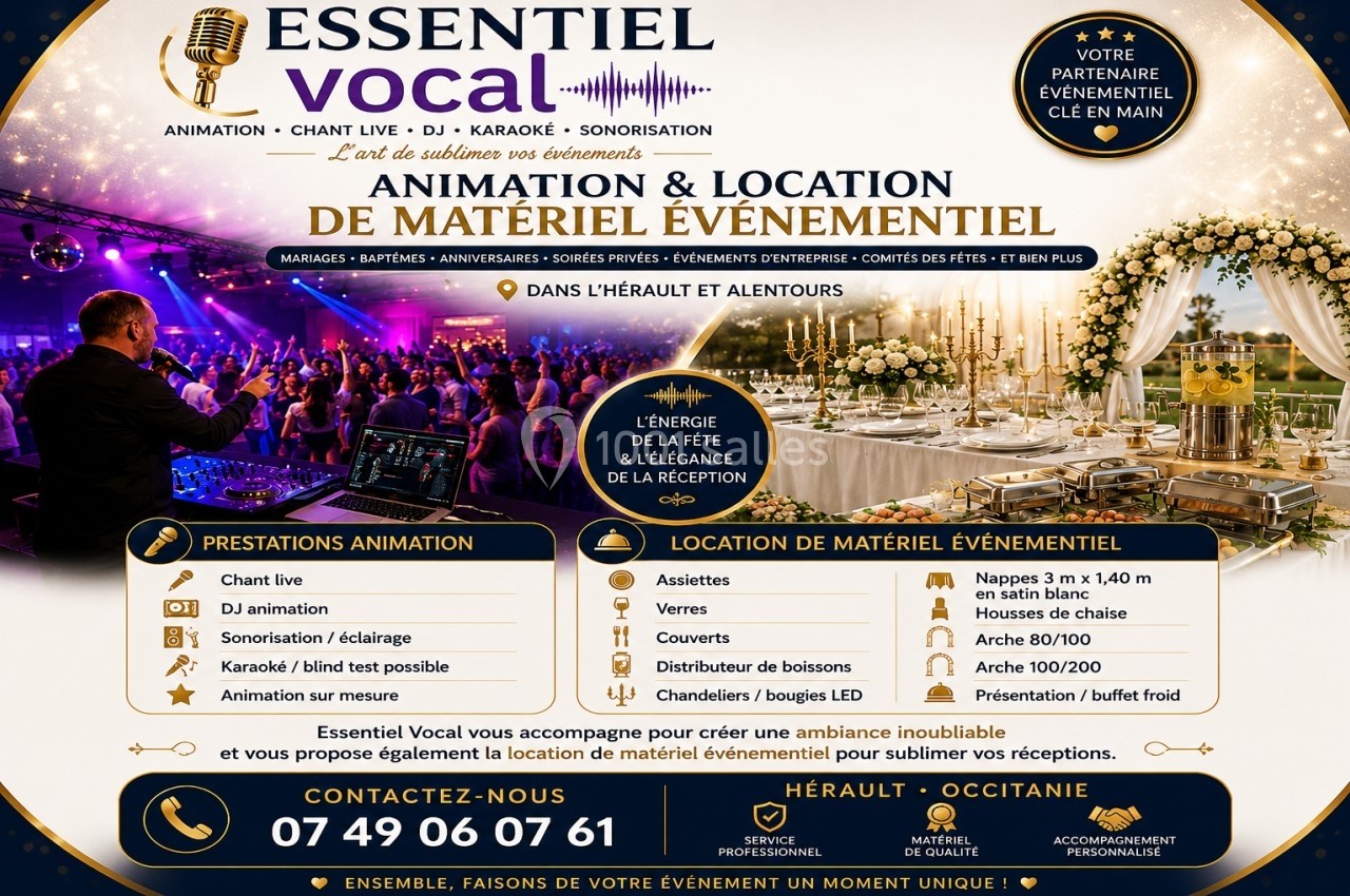 Flyer promotionnel pour des services d'animation et location de matériel événementiel dans l'Hérault et alentours.