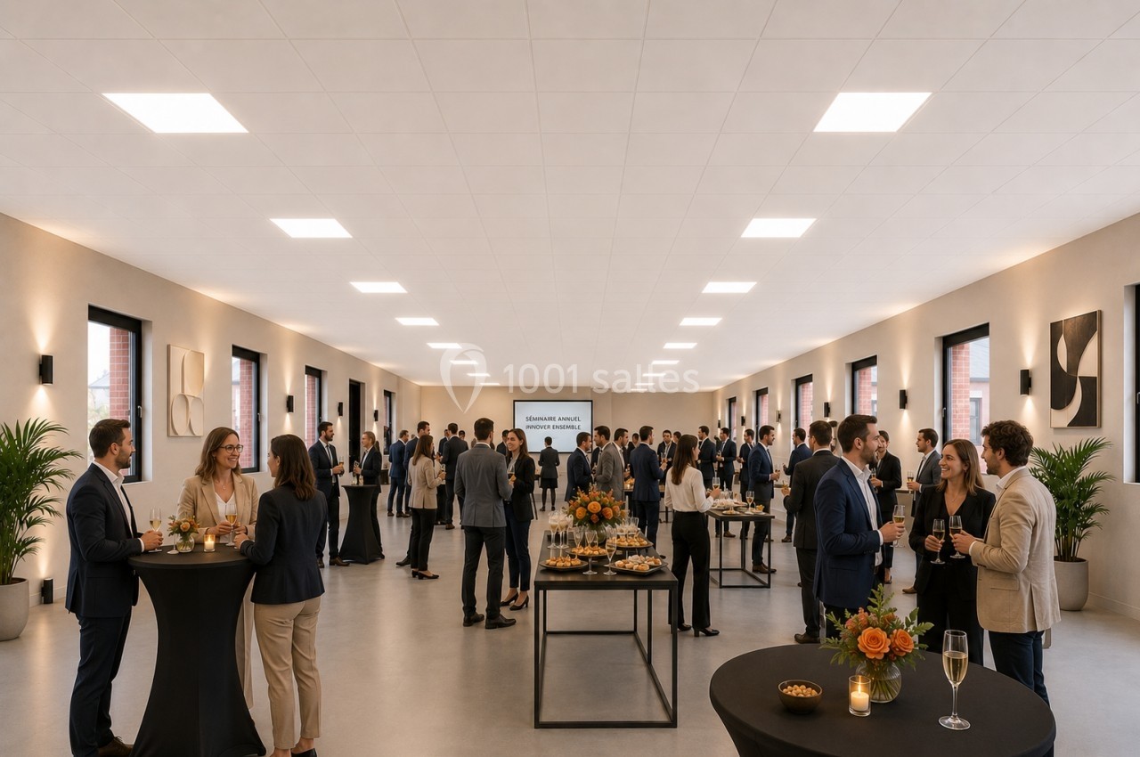Personnes en tenue professionnelle discutant dans une grande salle lumineuse aménagée pour un événement.