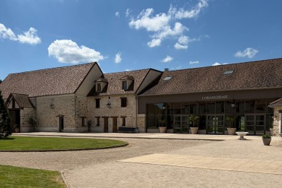 Miniature Location salle Avrainville (Essonne) - Domaine de la Beauvoisière #3 Jardin avec pelouse, allée bordée de rosiers, mur en pierre au fond et ciel nuageux.