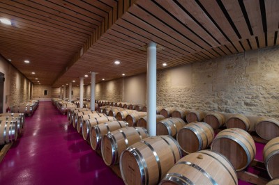 Salle moderne avec cuves en acier inoxydable alignées pour la production de vin, éclairée par des luminaires circulaires.