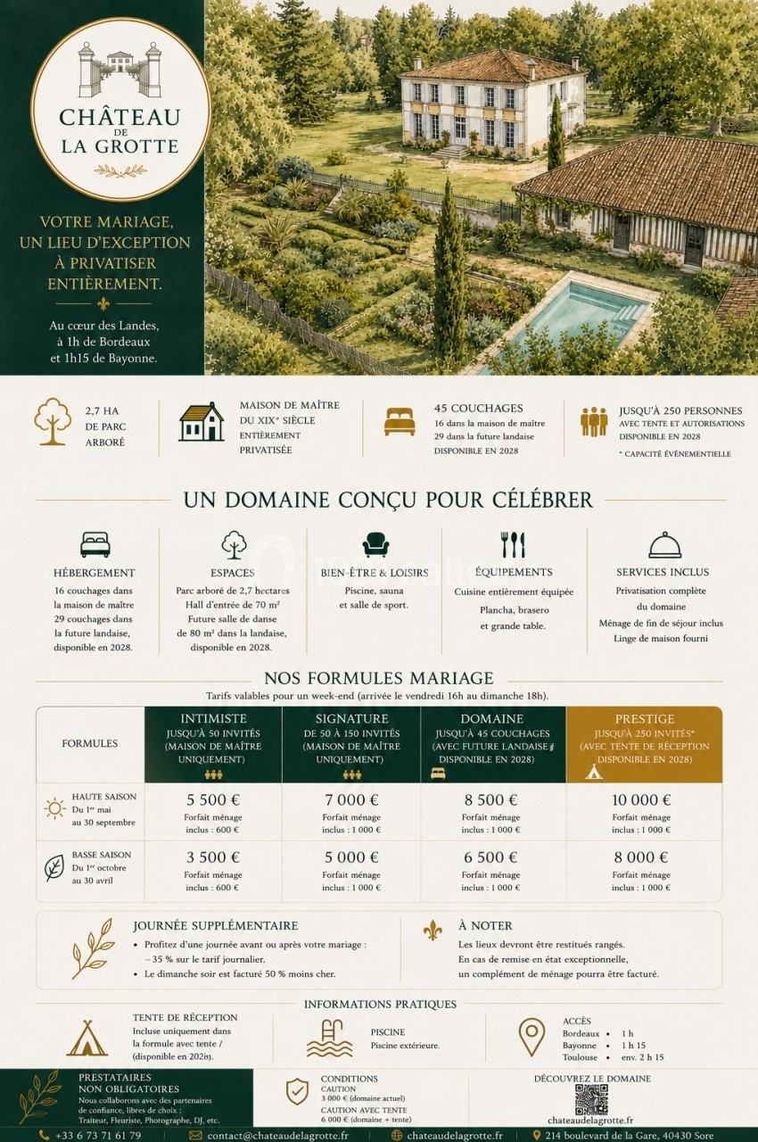 Affiche présentant le domaine ’Château La Grotte’ avec photos, services proposés et formules pour mariages.