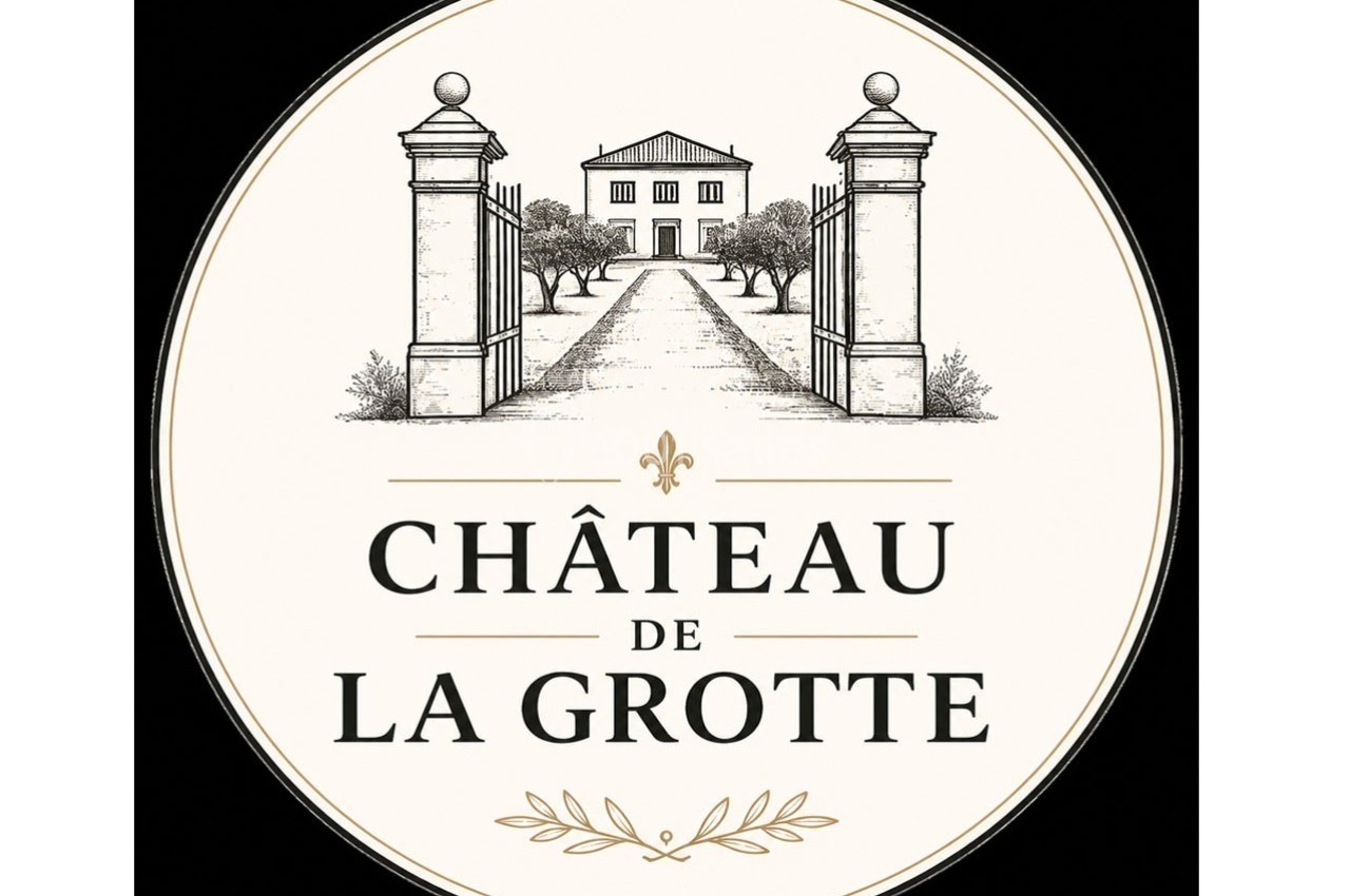 Illustration d'un portail ouvert menant à un château entouré d'arbres, avec le texte ’Château de la Grotte’.
