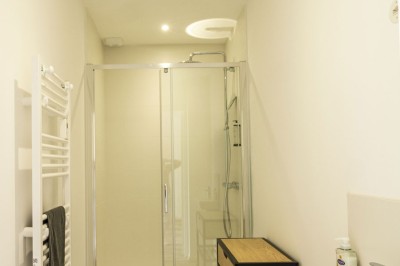 Douche moderne avec paroi vitrée, rideau à motifs noirs, sol en bois et porte blanche adjacente.