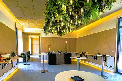 Douche moderne avec paroi vitrée, rideau à motifs noirs, sol en bois et porte blanche adjacente.