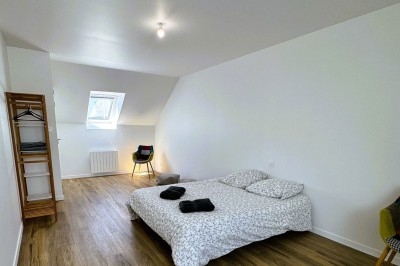 Douche moderne avec paroi vitrée, rideau à motifs noirs, sol en bois et porte blanche adjacente.
