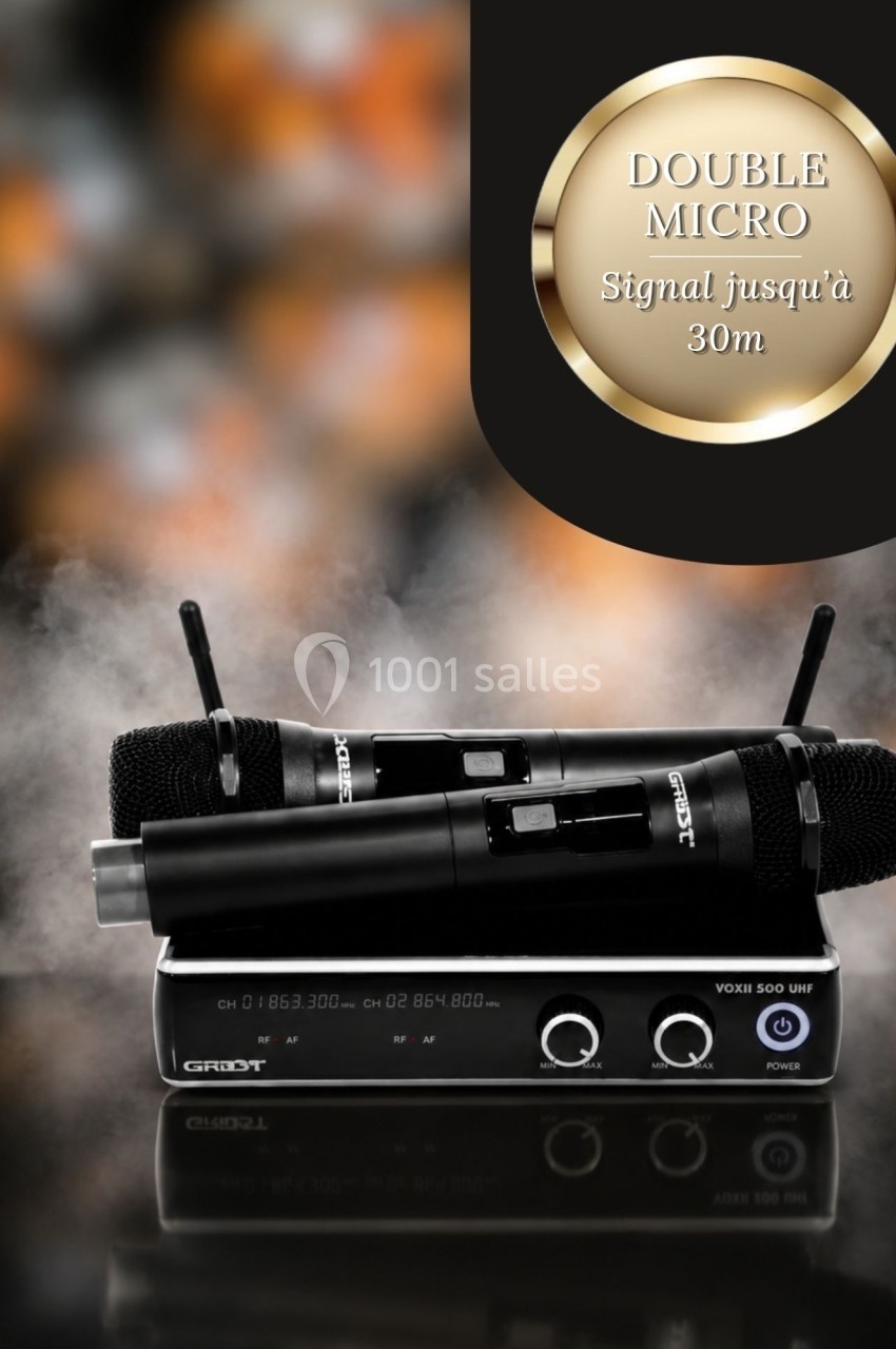 Deux microphones sans fil posés sur une base émettrice, avec un fond flou et une mention signal jusqu'à 30 m.