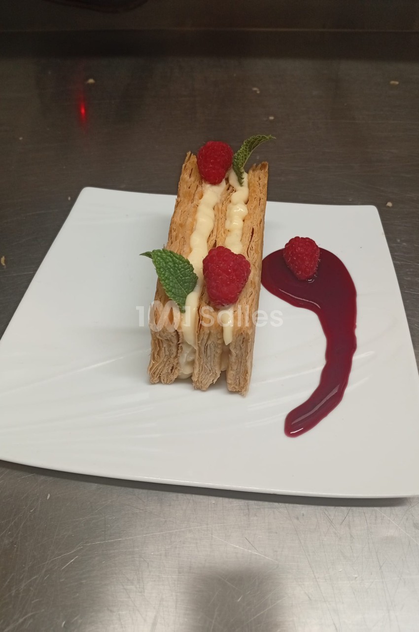 Bûche feuilletée garnie de crème, framboises fraîches et coulis de fruits rouges sur assiette blanche.