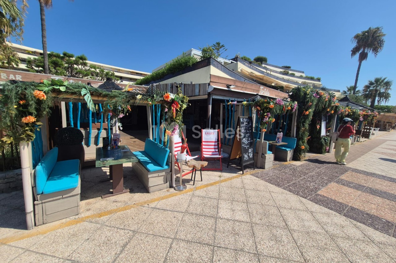 Cabines de plage bleues avec sièges et fleurs orangées, terrasse en béton avec palmiers et immeuble en arrière-plan.