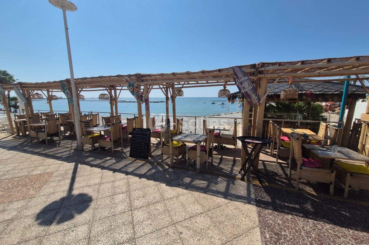 Terrasse ombragée en bois face à la mer - tables et chaises dispersées sous pergolas - plage et eau turquoise visibles.