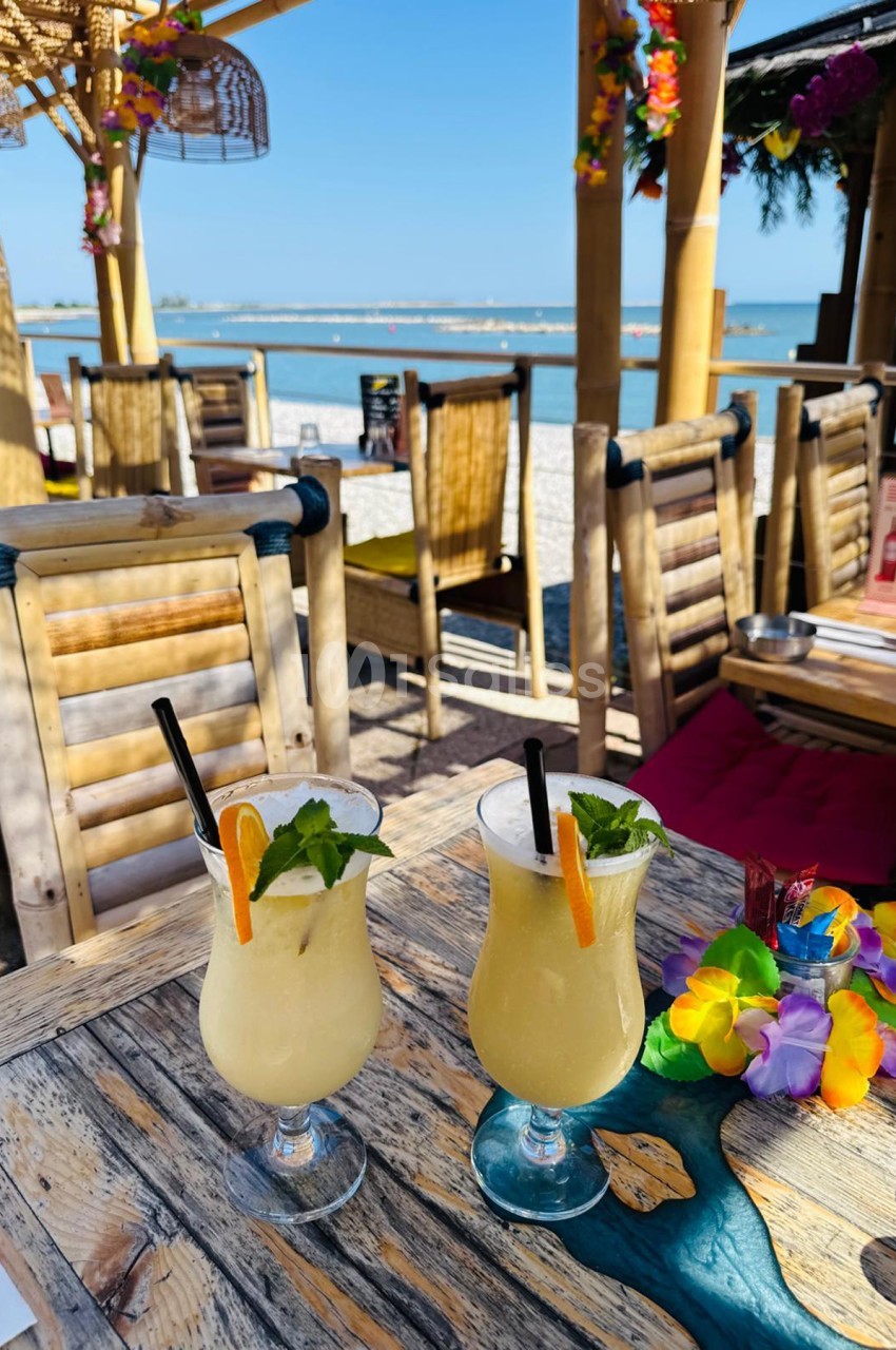 Terrasse en bord de mer avec cocktails, chaises en bois et vue sur la Méditerranée ensoleillée.