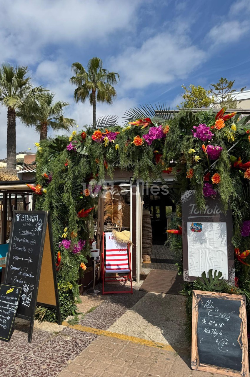Entrée extérieure avec pergola fleurie de bougainvillées roses, oranges et jaunes, palmiers et chaise longue rayée rouge et blanc.