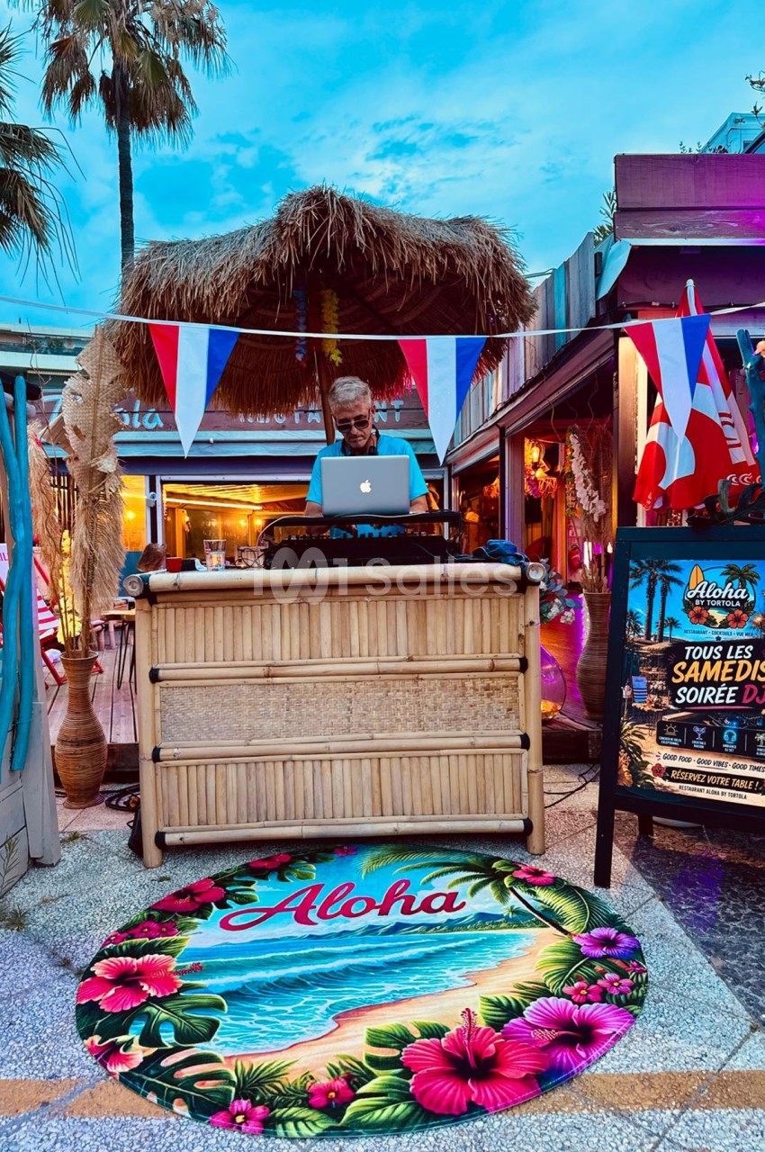 DJ aux platines sous un auvent en paille, décoration tropicale avec drapeaux tricolores et paillote en bois.