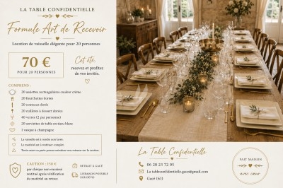 Table élégamment dressée avec vaisselle raffinée, couverts dorés et décoration florale dans une ambiance chaleureuse.