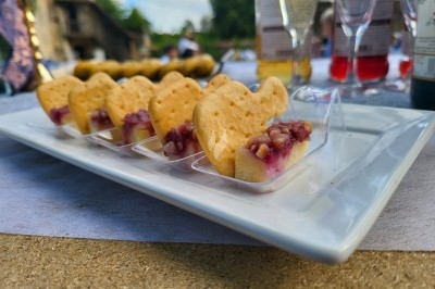 Assiette de bouchées apéritives avec fromage, confiture et crackers en forme de cœur, présentées sur une table extérieure.