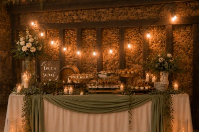 Salle en pierre avec poutres apparentes, tables décorées pour un dîner, invités debout et assis en arrière-plan.
