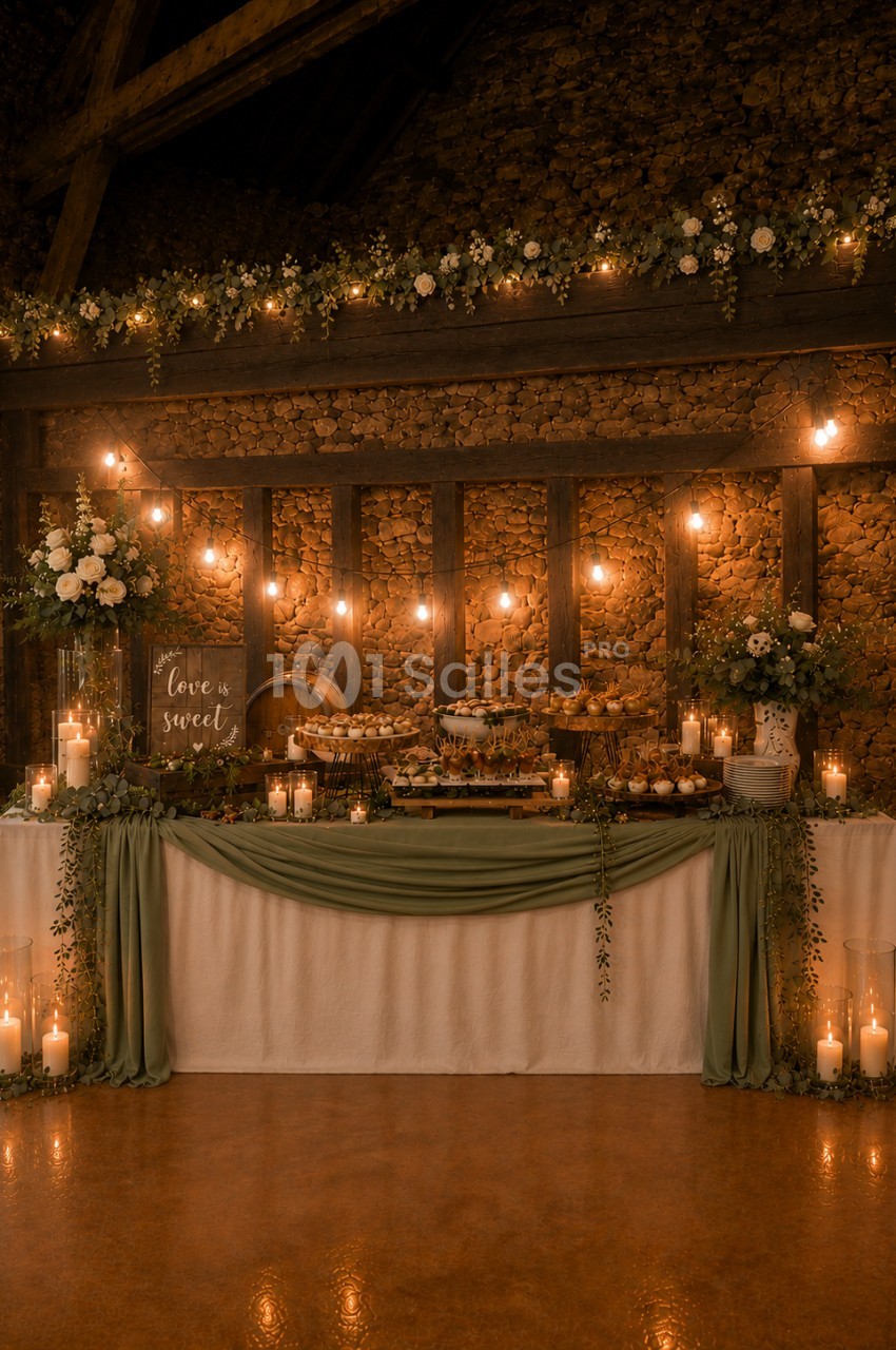 Table décorée pour un buffet dans une salle rustique, ornée de guirlandes lumineuses, fleurs blanches et bougies.
