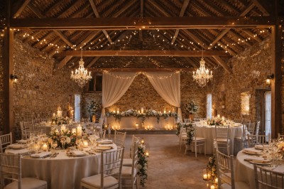 Salle en pierre avec poutres apparentes, tables décorées pour un dîner, invités debout et assis en arrière-plan.