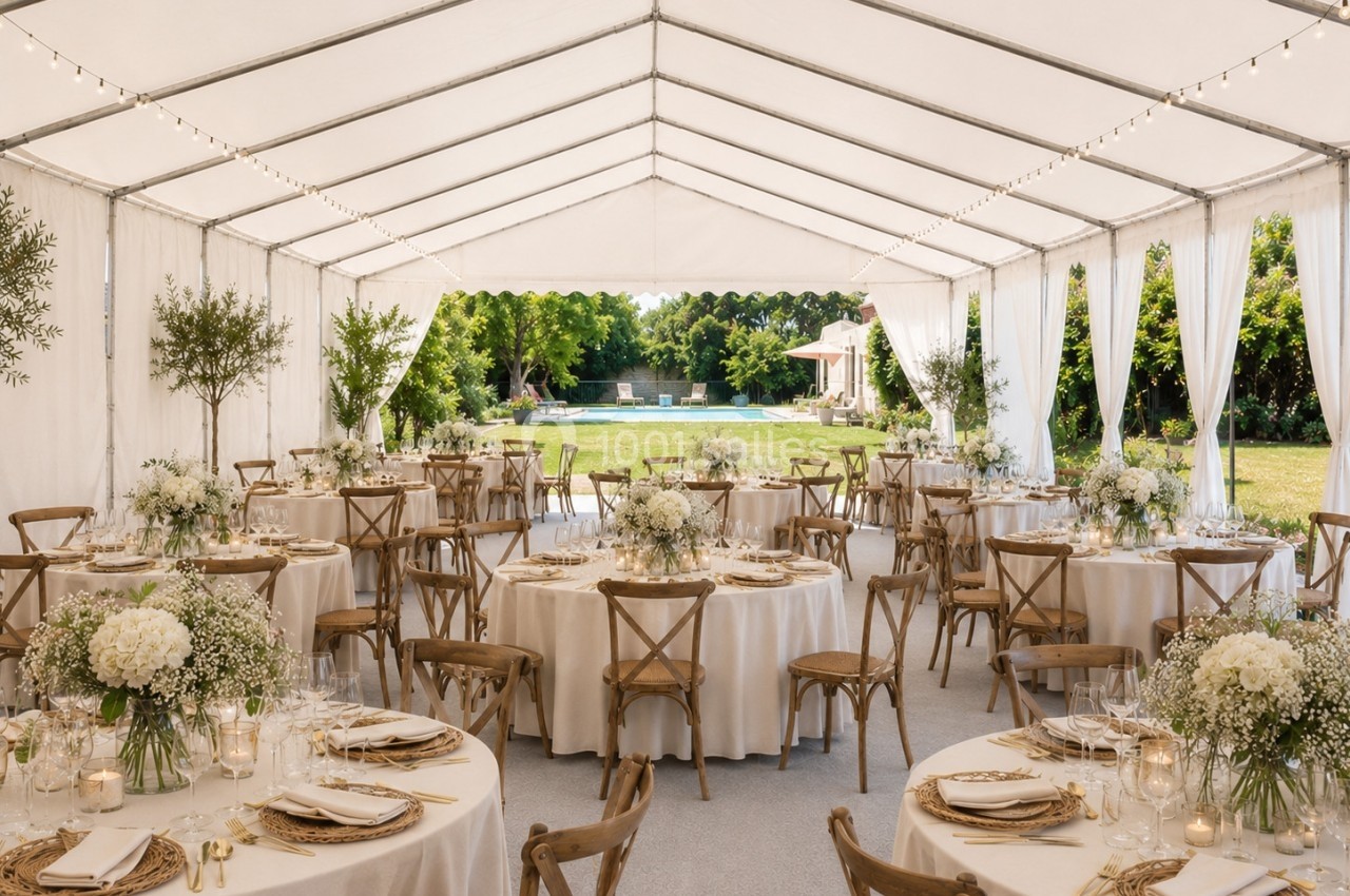 Salle de réception en plein air sous une tente blanche, avec tables rondes décorées de fleurs et vue sur un jardin.
