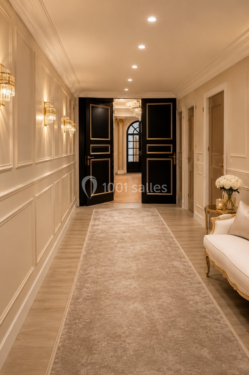 Couloir élégant avec murs moulurés, éclairage mural doré, tapis beige et portes noires ouvertes sur une pièce lumineuse.