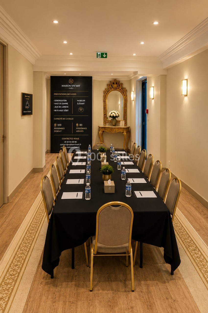 Salle de réunion élégante avec table rectangulaire, chaises alignées, bouteilles d'eau et documents disposés.