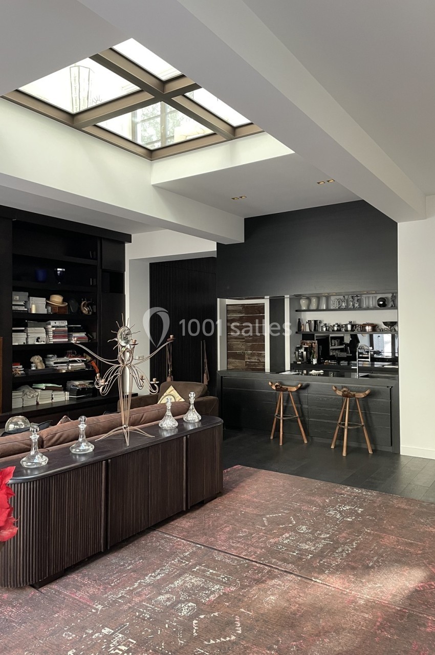 Intérieur moderne avec salon, étagères sombres, cuisine ouverte et lumière naturelle entrant par des puits de lumière.