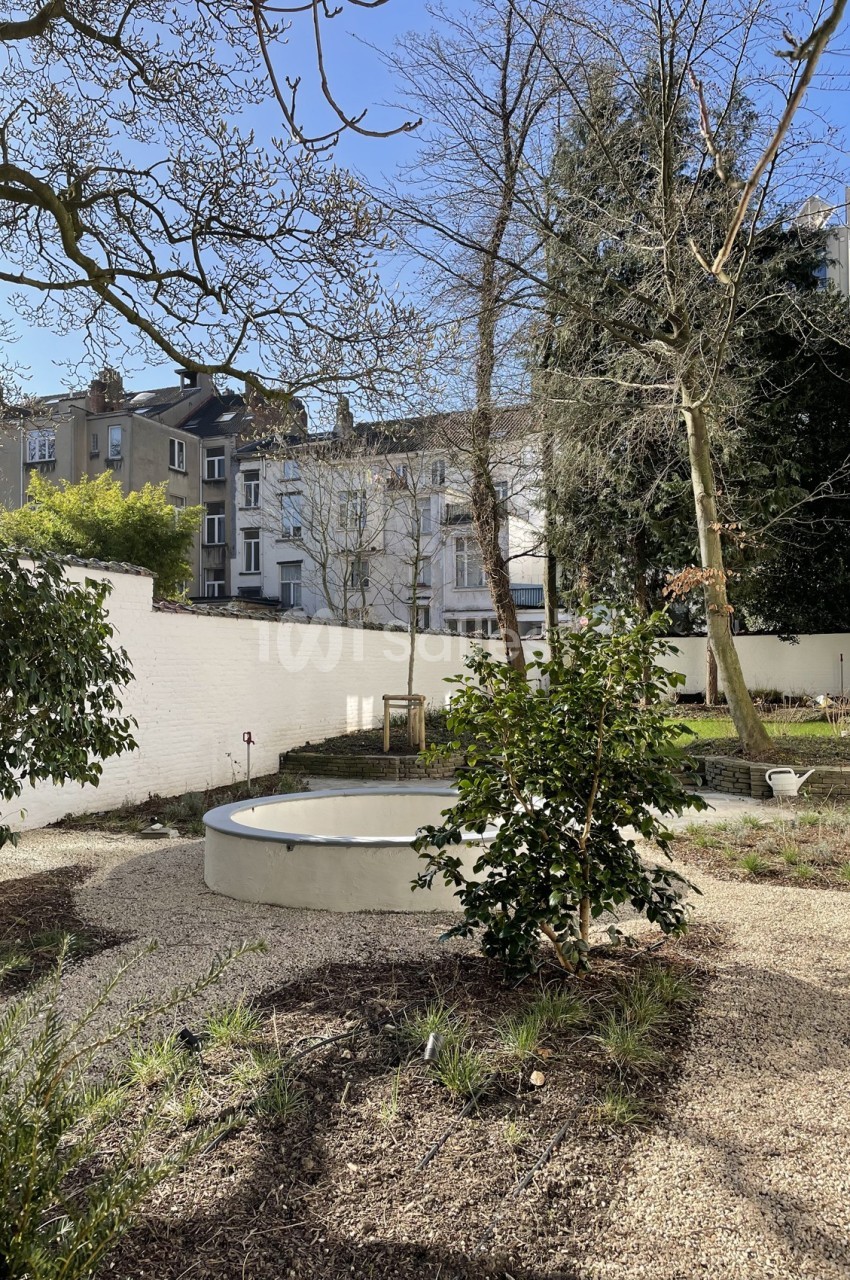 Jardin urbain avec arbres dénudés, arbustes, petite fontaine circulaire et bâtiments résidentiels en arrière-plan.