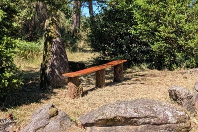 Miniature Location salle Saint-Guyomard (Morbihan) - Domaine de Ker Léon #31 Espace extérieur avec tables hautes noires sur une pelouse, devant un bâtiment vitré et un comptoir en bois.
