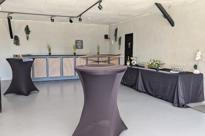 Miniature Location salle Saint-Guyomard (Morbihan) - Domaine de Ker Léon #26 Espace extérieur avec tables hautes noires sur une pelouse, devant un bâtiment vitré et un comptoir en bois.