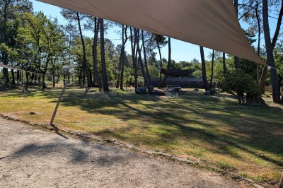 Miniature Location salle Saint-Guyomard (Morbihan) - Domaine de Ker Léon #57 Espace extérieur avec tables hautes noires sur une pelouse, devant un bâtiment vitré et un comptoir en bois.