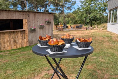 Miniature Location salle Saint-Guyomard (Morbihan) - Domaine de Ker Léon #53 Espace extérieur avec tables hautes noires sur une pelouse, devant un bâtiment vitré et un comptoir en bois.