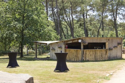 Miniature Location salle Saint-Guyomard (Morbihan) - Domaine de Ker Léon #72 Espace extérieur avec tables hautes noires sur une pelouse, devant un bâtiment vitré et un comptoir en bois.