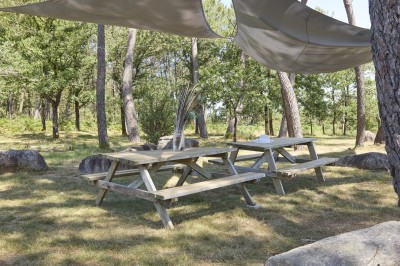 Miniature Location salle Saint-Guyomard (Morbihan) - Domaine de Ker Léon #92 Espace extérieur avec tables hautes noires sur une pelouse, devant un bâtiment vitré et un comptoir en bois.