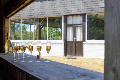 Miniature Location salle Saint-Guyomard (Morbihan) - Domaine de Ker Léon #12 Espace extérieur avec tables hautes noires sur une pelouse, devant un bâtiment vitré et un comptoir en bois.
