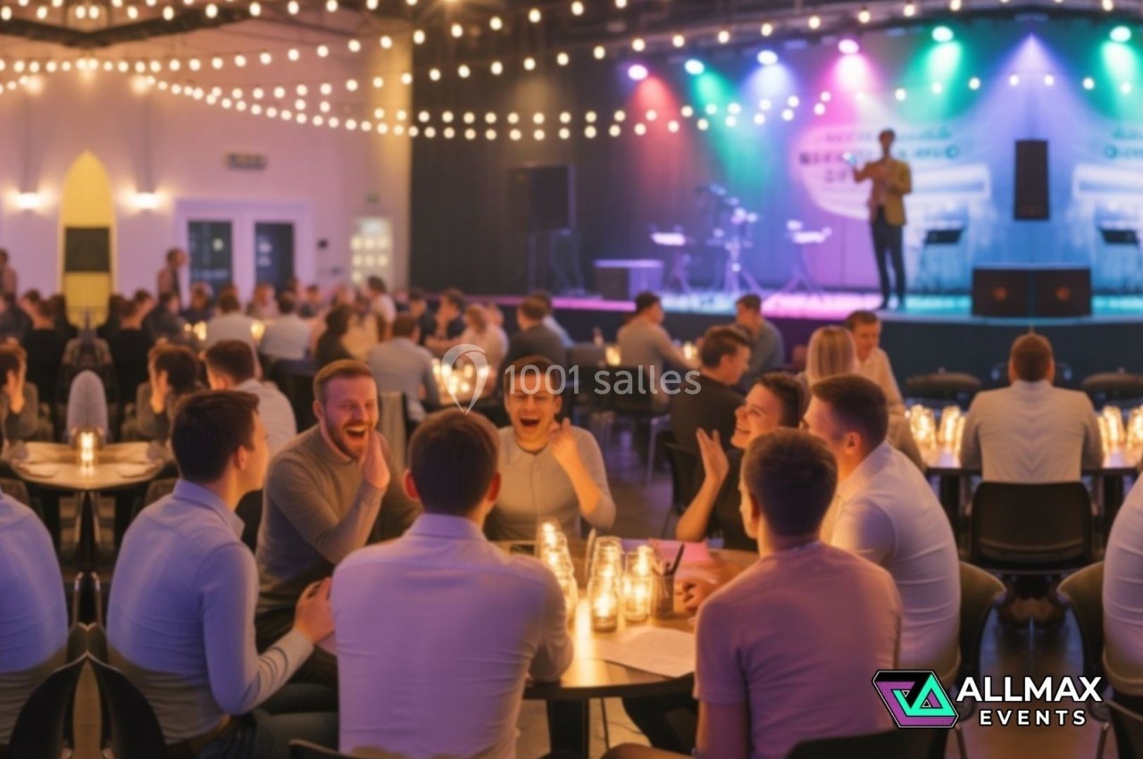 Des personnes assises à des tables éclairées par des bougies assistent à un spectacle sur une scène dans une salle décorée.