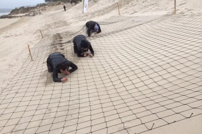 Un groupe de personnes s'étire sur une plage de sable près de la mer sous un ciel nuageux.