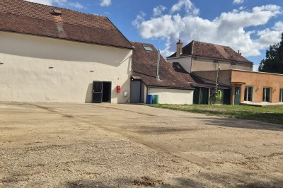Un jardin avec pelouse, arbres et un bâtiment beige à gauche sous un ciel partiellement nuageux.