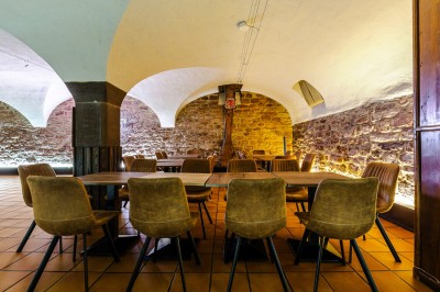 Miniature Location salle Schiltigheim (Bas-Rhin) - Le Caveau de Schiltigheim #7 Terrasse extérieure d'un restaurant avec des tables et des chaises alignées, bordée de plantes en pots.