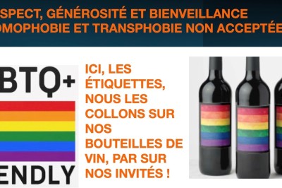 Miniature Location salle Arveyres (Gironde) - Château la Capelle #29 Image de bouteilles de vin avec des étiquettes arc-en-ciel et texte promouvant l'inclusion et le respect des personnes…