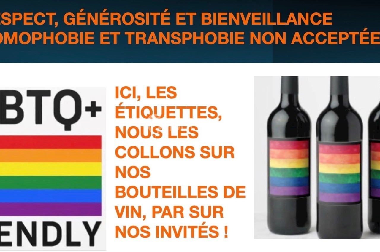 Image de bouteilles de vin avec des étiquettes arc-en-ciel et texte promouvant l'inclusion et le respect des personnes…