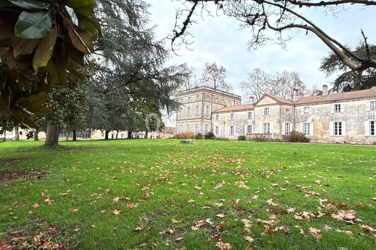 Pelouse parsemée de feuilles mortes devant un bâtiment en pierre entouré d'arbres sous un ciel nuageux.