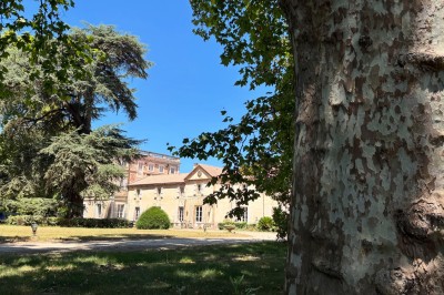 Miniature le château Un couple en tenue de mariage marche dans une salle en briques, avec un bouquet de fleurs au premier plan.