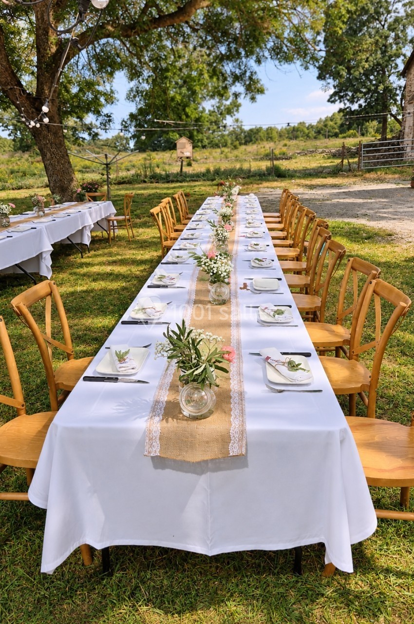 Grande table extérieure décorée pour un repas, avec nappes blanches, chaises en bois et centre de table floral champêtre.