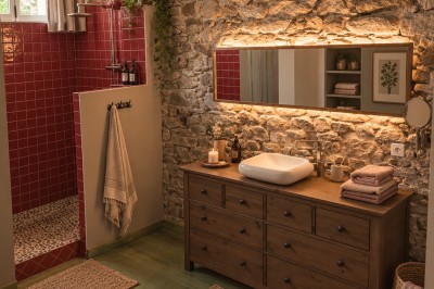 Miniature Location salle Brousses-et-Villaret (Aude) - Domaine Lauthier le Haut #19 Cuisine ouverte et salon chaleureux avec murs en pierre, poutres apparentes, mobilier en bois et lumière naturelle.