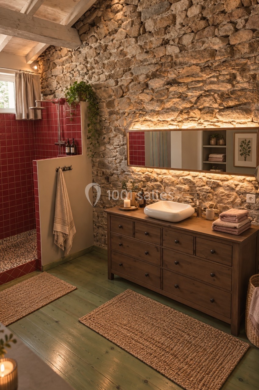 Salle de bain avec mur en pierre, meuble en bois, vasque blanche, douche carrelée rouge et éclairage chaleureux.