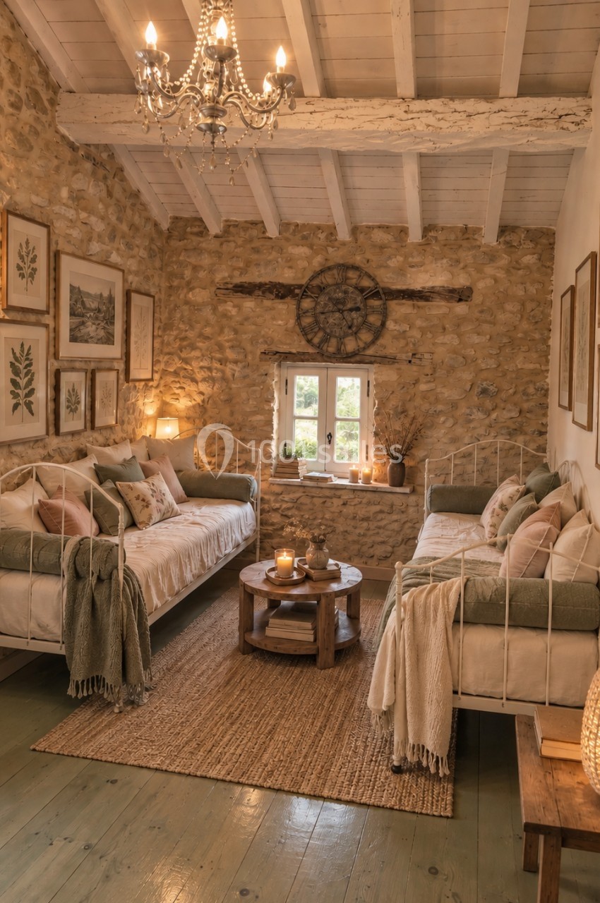 Chambre chaleureuse avec murs en pierre, lits jumeaux, décor rustique et lumière douce d'un lustre et de bougies.