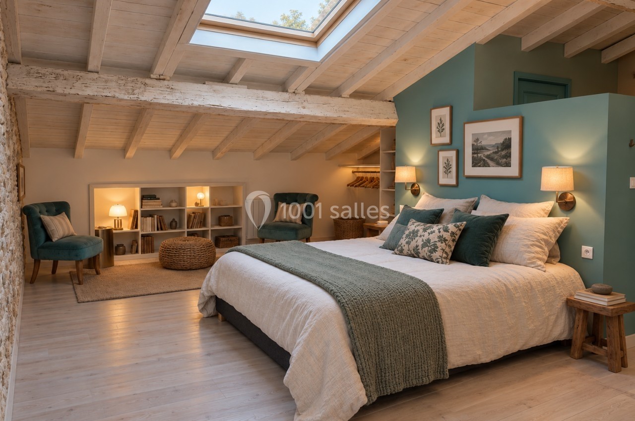 Chambre mansardée lumineuse avec lit double, poutres apparentes, fauteuils, étagères et puits de lumière.