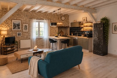 Miniature Location salle Brousses-et-Villaret (Aude) - Domaine Lauthier le Haut #24 Cuisine ouverte et salon chaleureux avec murs en pierre, poutres apparentes, mobilier en bois et lumière naturelle.