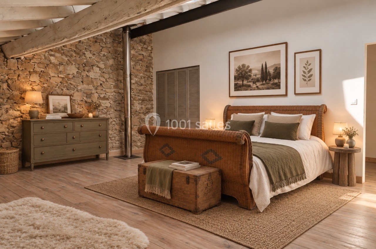 Chambre lumineuse avec lit en bois, murs en pierre, commode, tapis en jute et décoration naturelle.