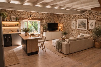 Miniature Location salle Brousses-et-Villaret (Aude) - Domaine Lauthier le Haut #27 Cuisine ouverte et salon chaleureux avec murs en pierre, poutres apparentes, mobilier en bois et lumière naturelle.