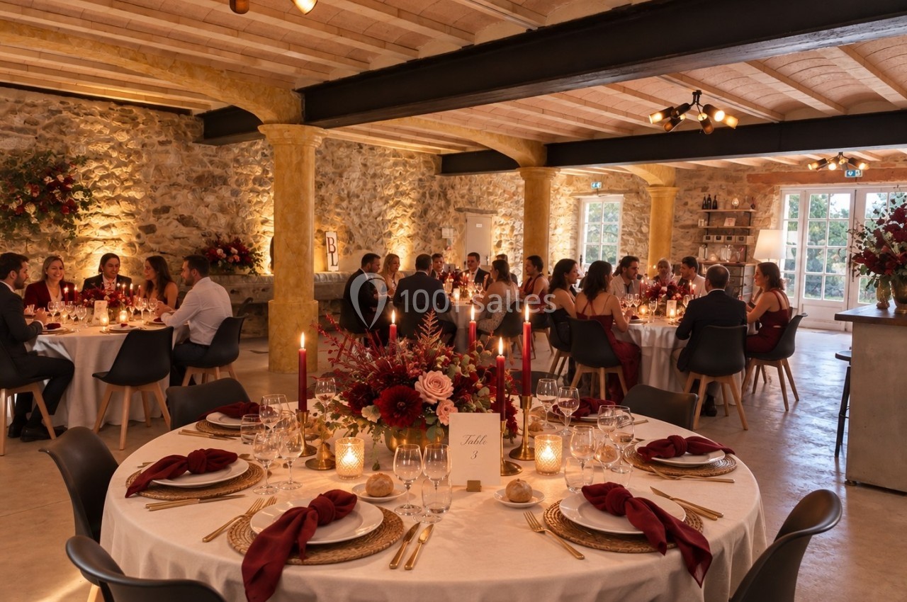 Salle de réception chaleureuse avec tables décorées de fleurs rouges et bougies, invités assis lors d'un dîner.